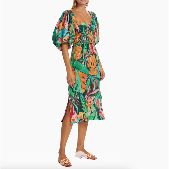 NWT Farm Rio Banana Foliage Puff-Sleeve Cotton Voile Midi-Dress - Large - Picture 4 of 16